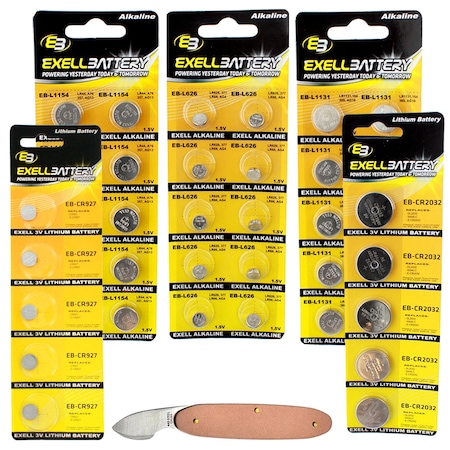 Exell Battery 41pc Essential Batteries Kit L1131 L1154 L626 CR2032 CR927 & Watch Opener EB-KIT-115